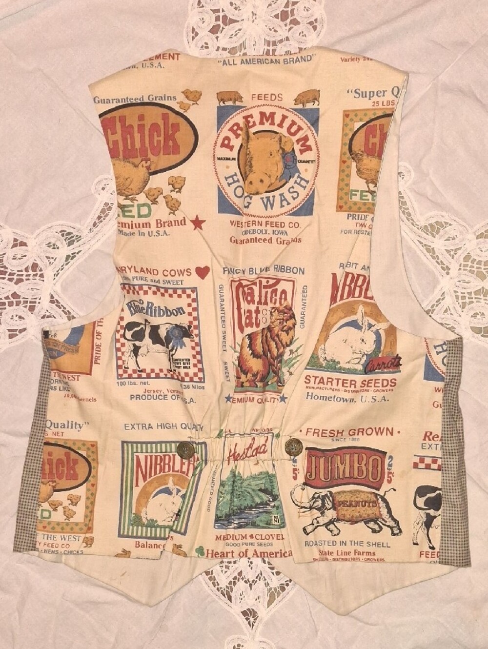 Vintage Patchwork Shabby Chic Vest in Beige with Animal & Feed Seed Patches - Picture 2 of 4